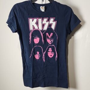 Kiss Dark Blue Tee with Pink Band Graphic